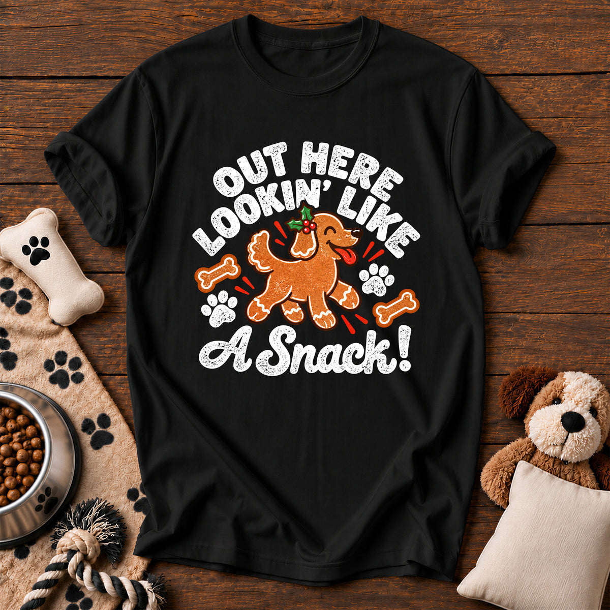 Lookin' Like a Snack Gingerbread Dog Tee — funny dog t-shirt in Black, Comfort Colors 1717 flat lay