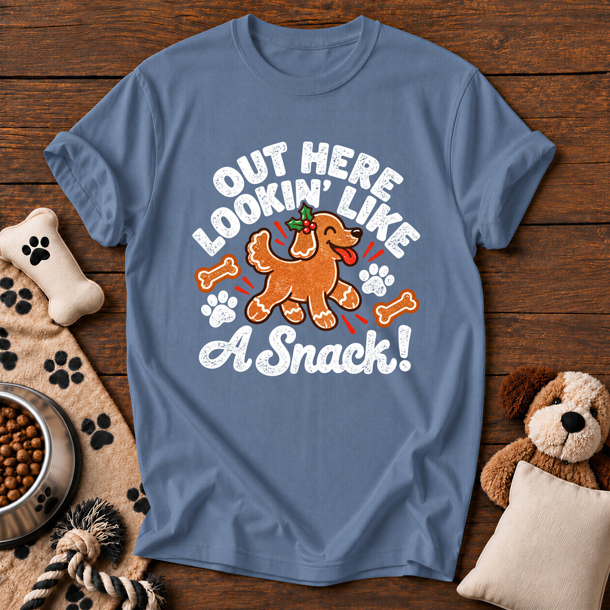 Lookin' Like a Snack Gingerbread Dog Tee — funny dog t-shirt in Blue Jean, Comfort Colors 1717 flat lay