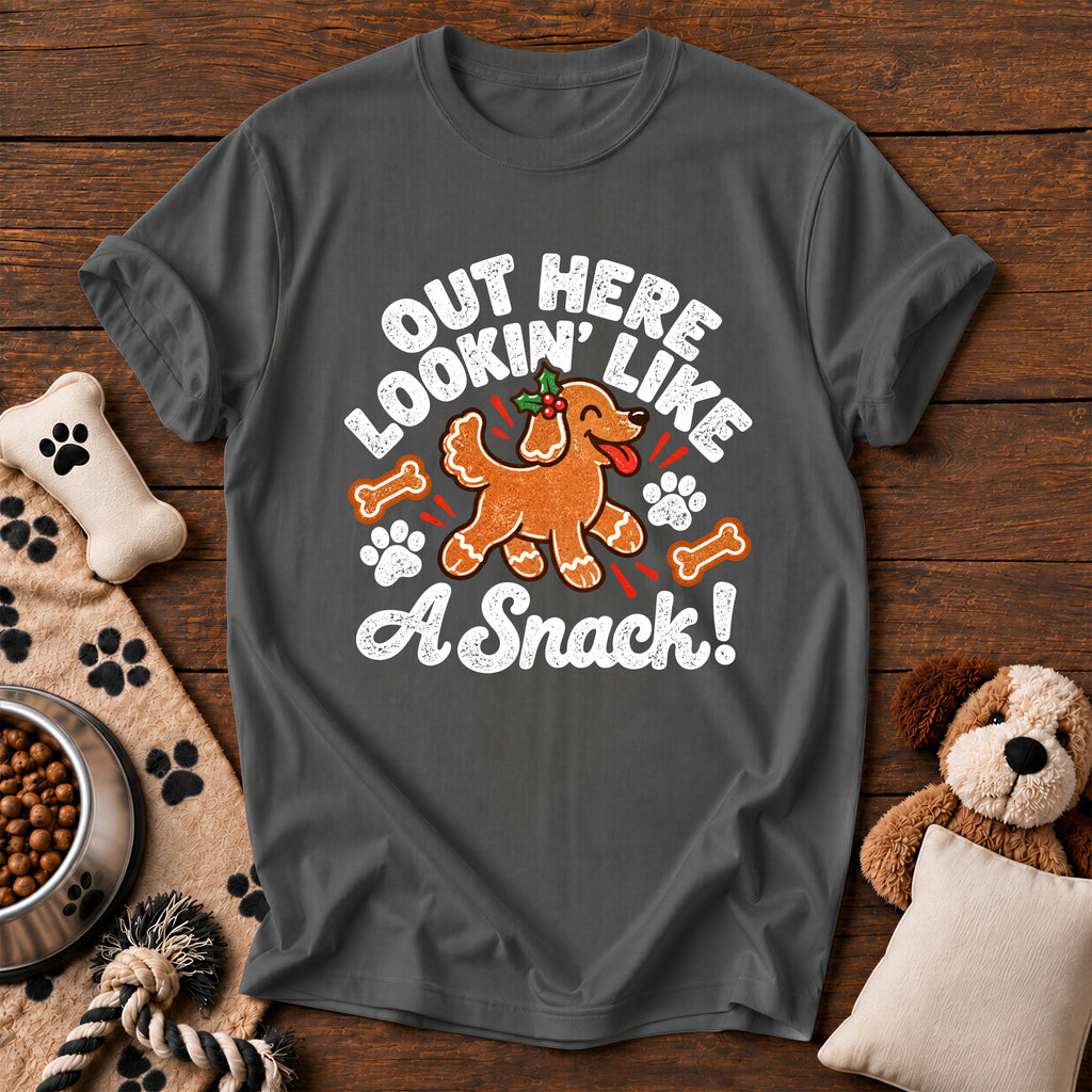 Lookin' Like a Snack Gingerbread Dog Tee — funny dog t-shirt in Pepper, Comfort Colors 1717 flat lay