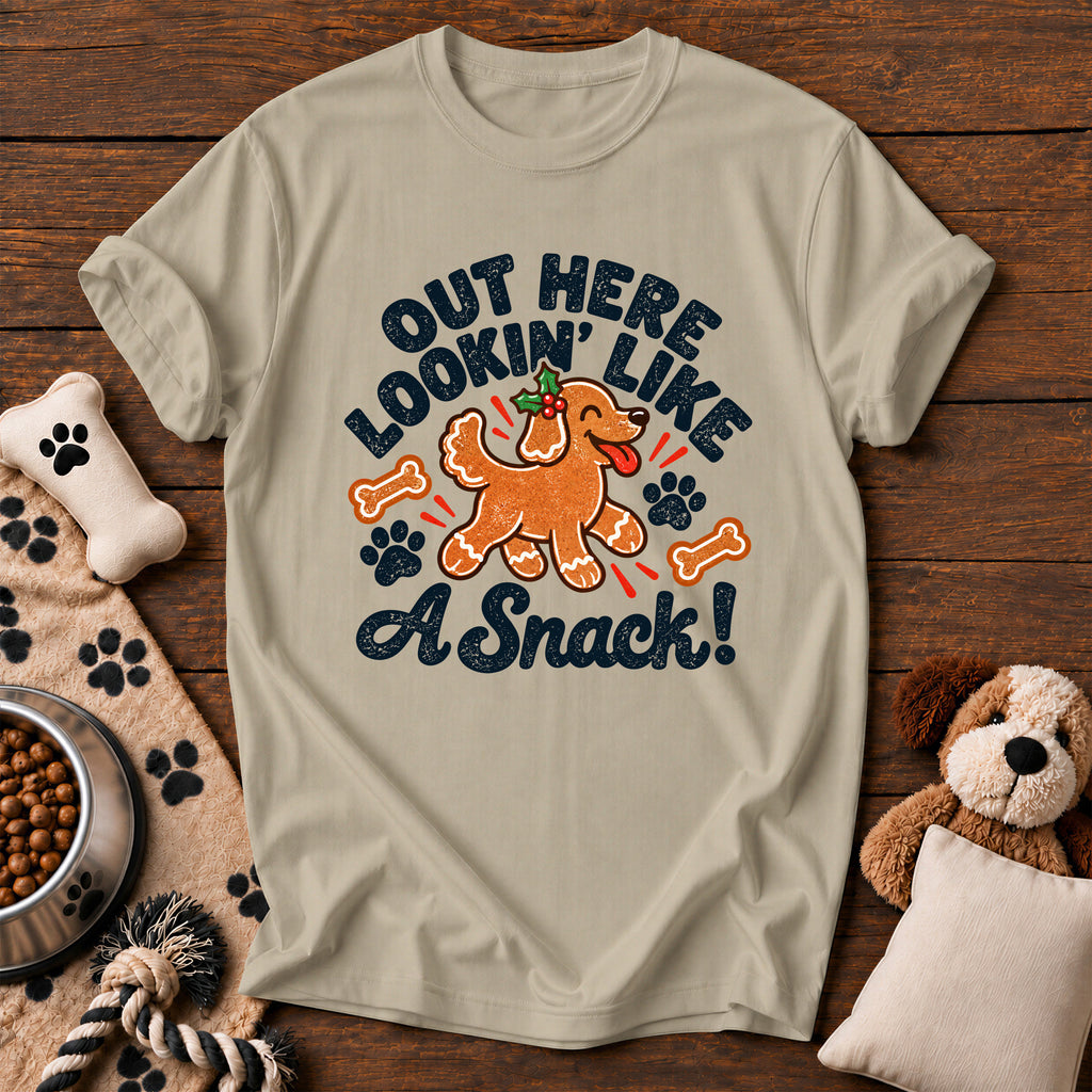 Lookin' Like a Snack Gingerbread Dog Tee — funny dog t-shirt in Sandstone, Comfort Colors 1717 flat lay