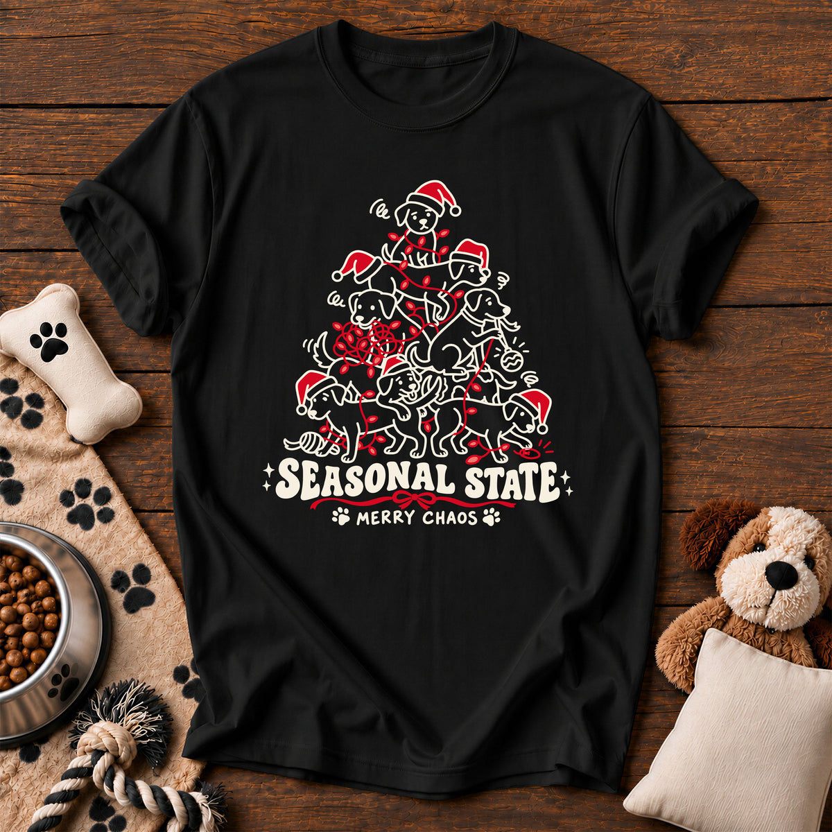Merry Chaos Dog Tee — funny dog t-shirt in Black, Comfort Colors 1717 flat lay