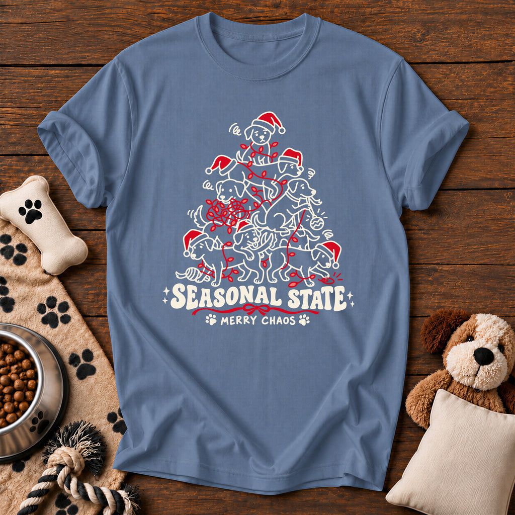 Merry Chaos Dog Tee — funny dog t-shirt in Blue Jean, Comfort Colors 1717 flat lay