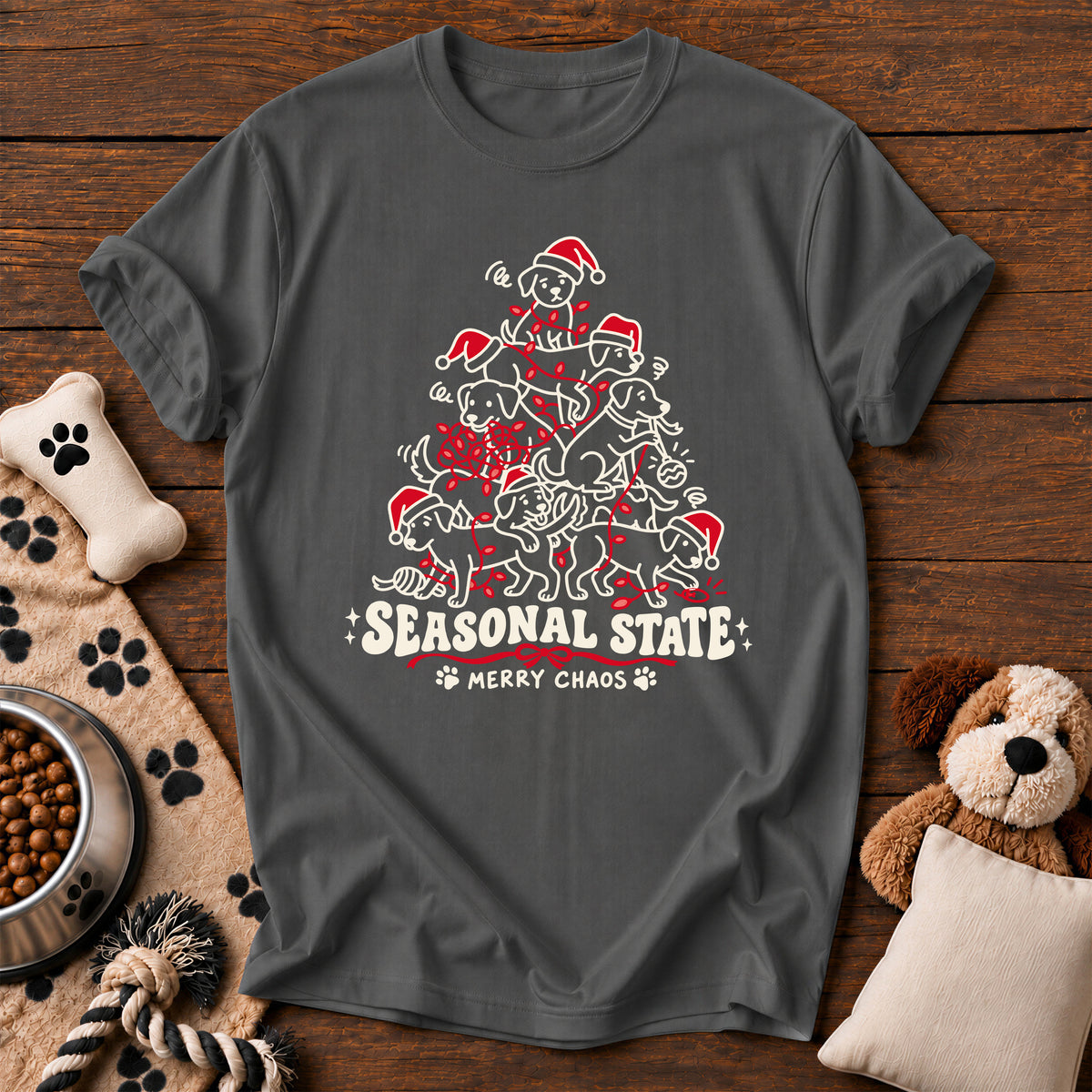 Merry Chaos Dog Tee — funny dog t-shirt in Pepper, Comfort Colors 1717 flat lay