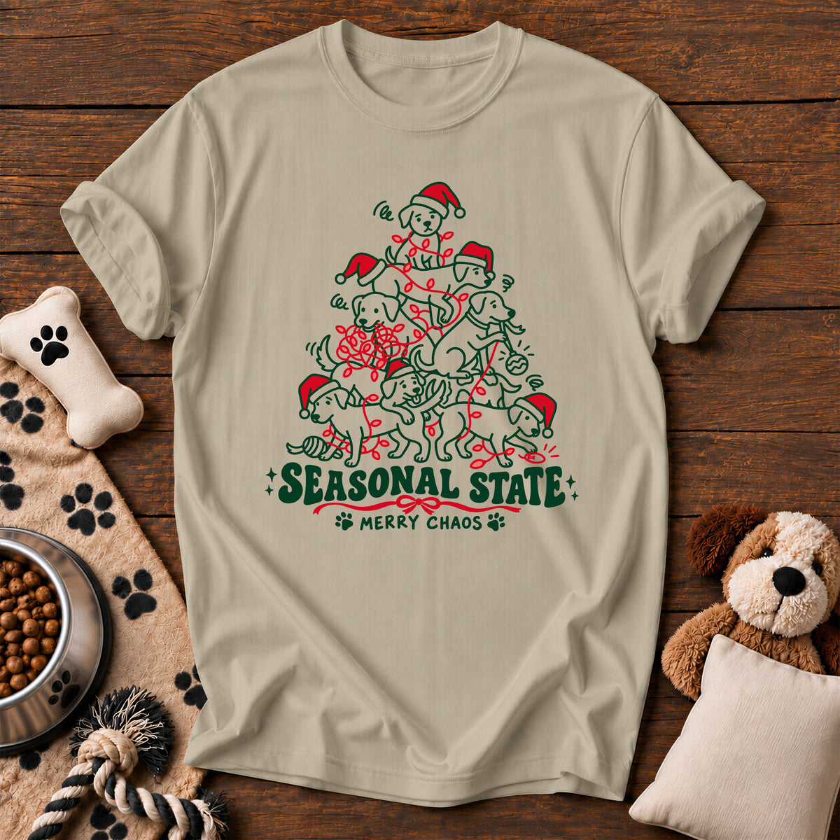 Merry Chaos Dog Tee — funny dog t-shirt in Sandstone, Comfort Colors 1717 flat lay