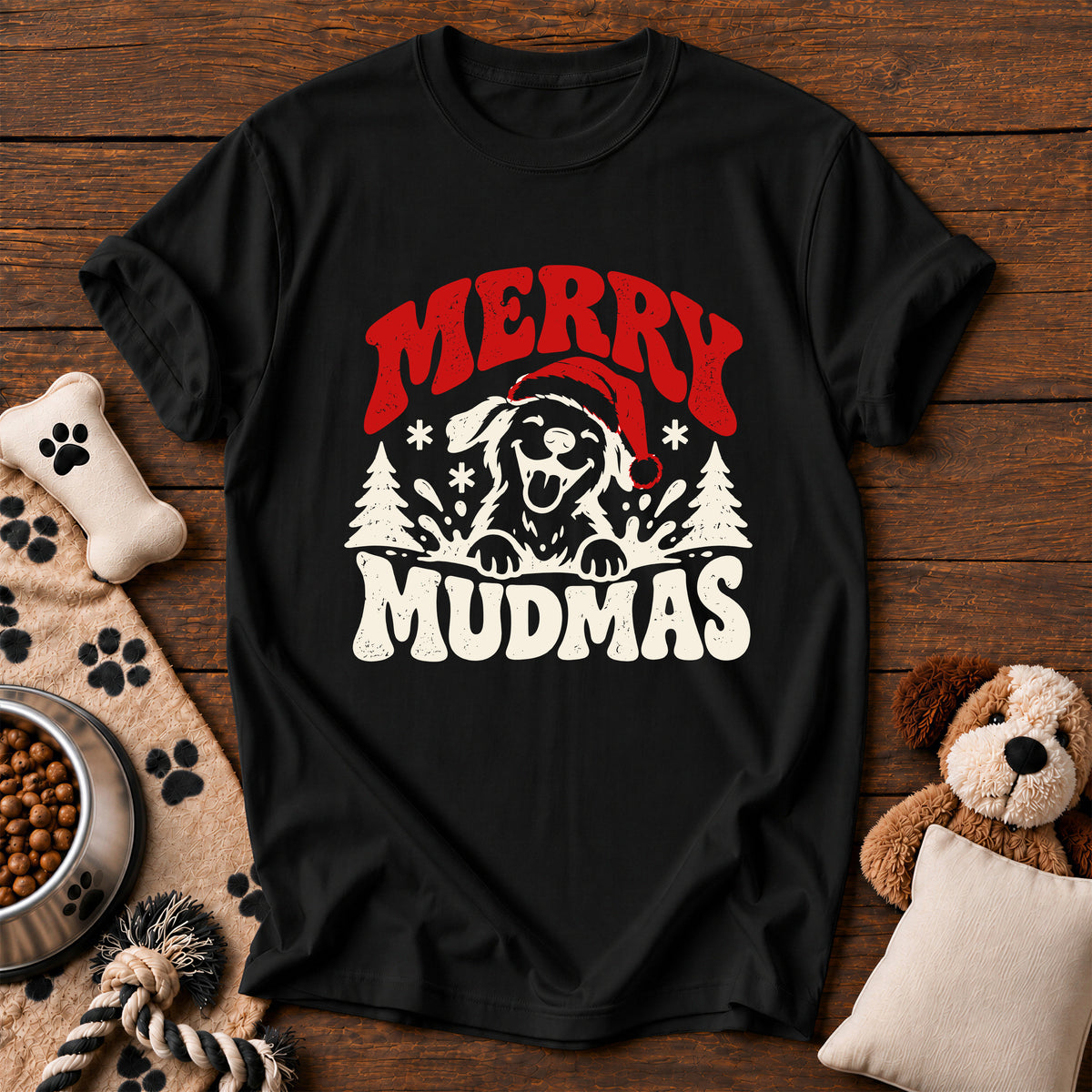 Merry Mudmas Dog Tee — funny dog t-shirt in Black, Comfort Colors 1717 flat lay