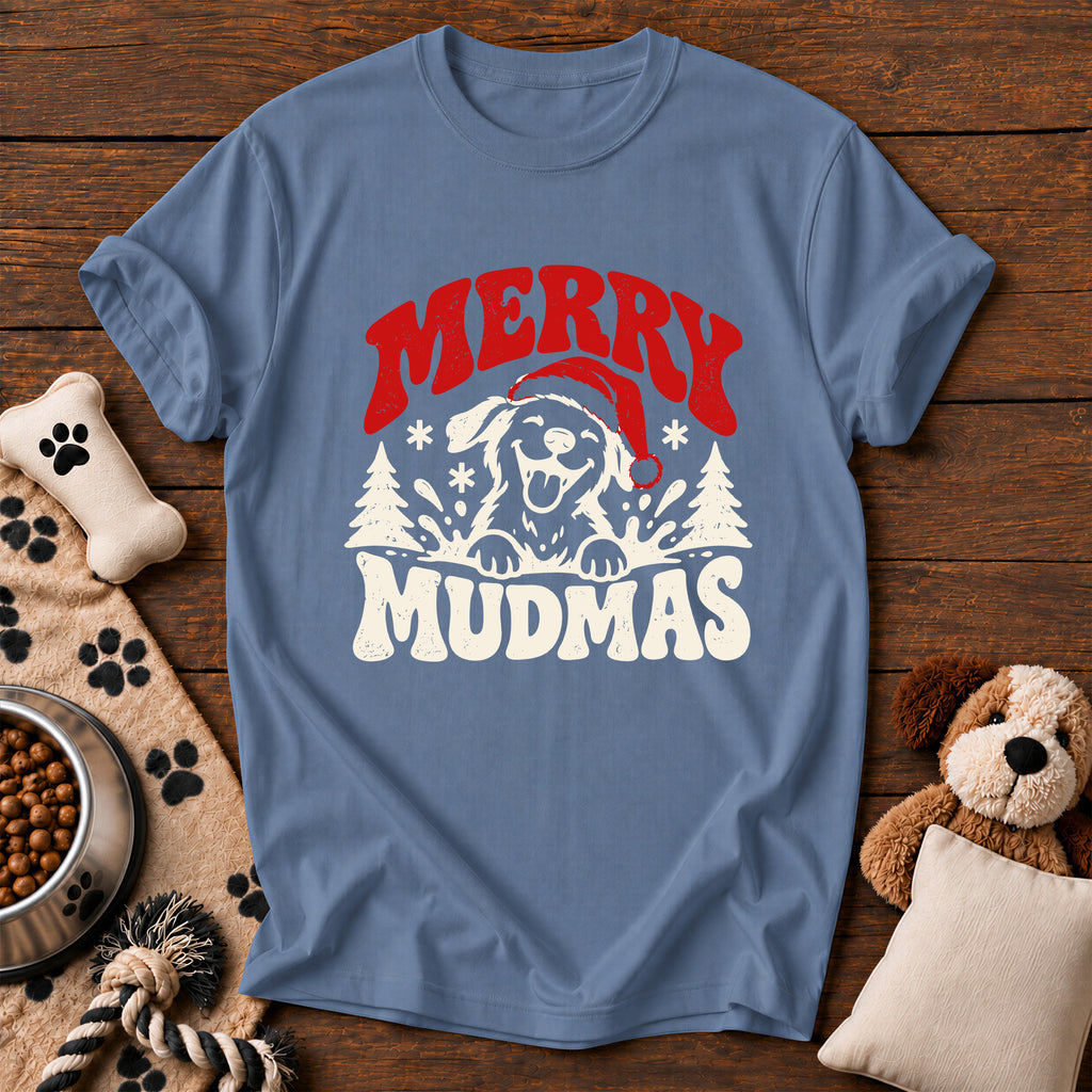 Merry Mudmas Dog Tee — funny dog t-shirt in Blue Jean, Comfort Colors 1717 flat lay
