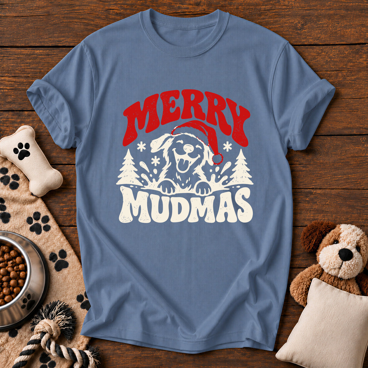 Merry Mudmas Dog Tee — funny dog t-shirt in Blue Jean, Comfort Colors 1717 flat lay
