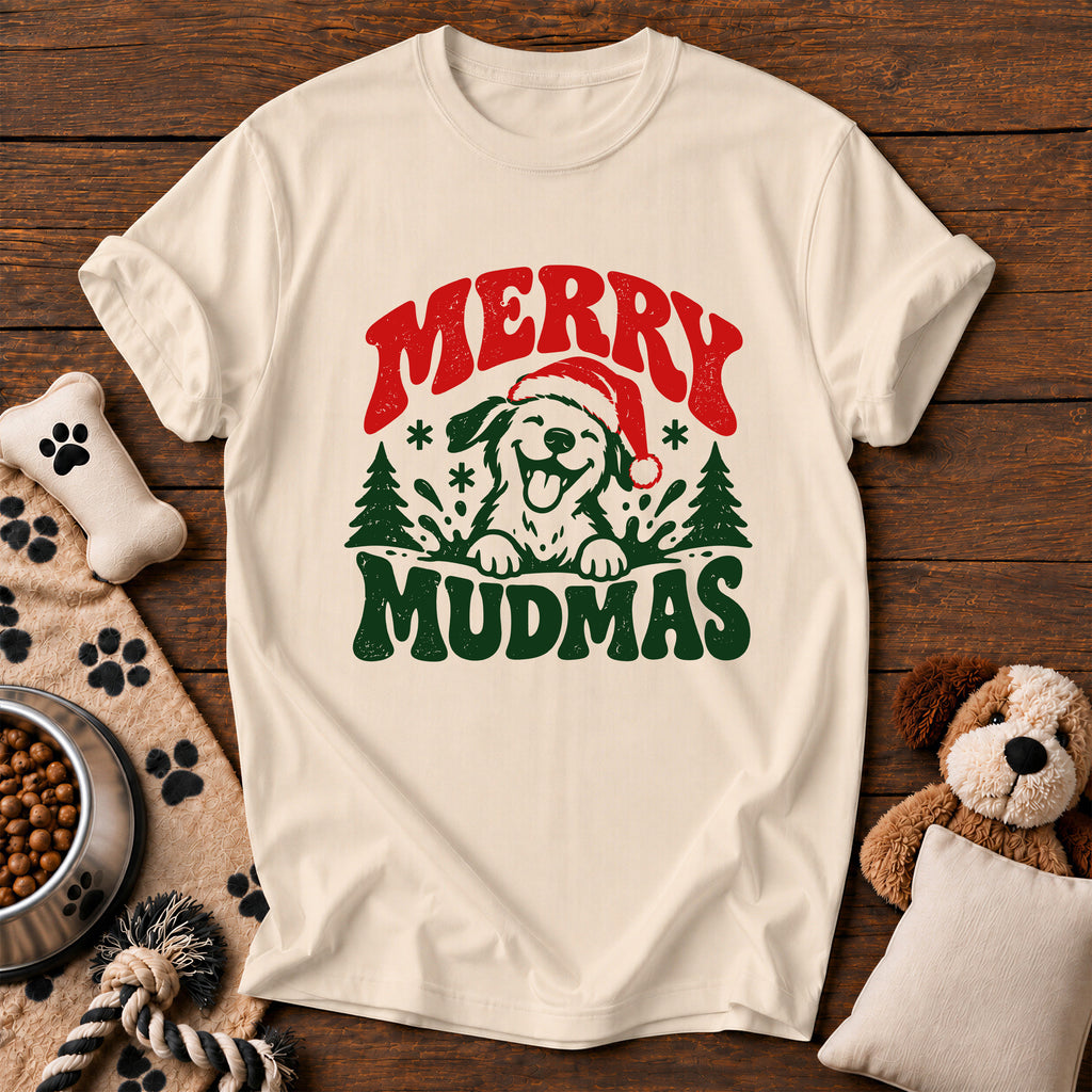 Merry Mudmas Dog Tee — funny dog t-shirt in Ivory, Comfort Colors 1717 flat lay