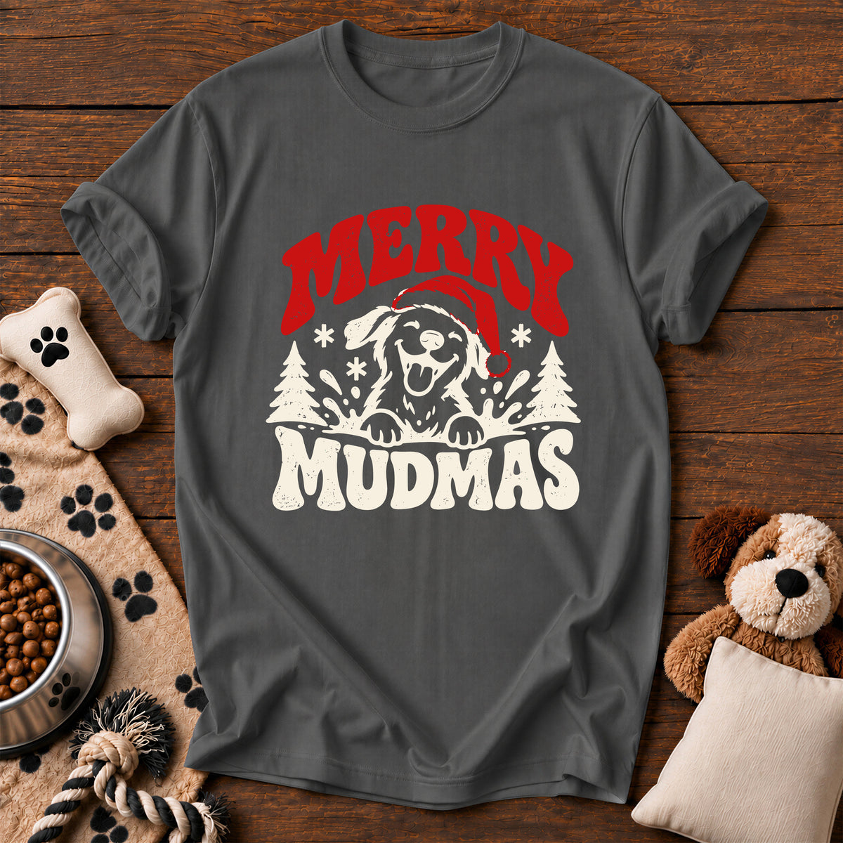 Merry Mudmas Dog Tee — funny dog t-shirt in Pepper, Comfort Colors 1717 flat lay