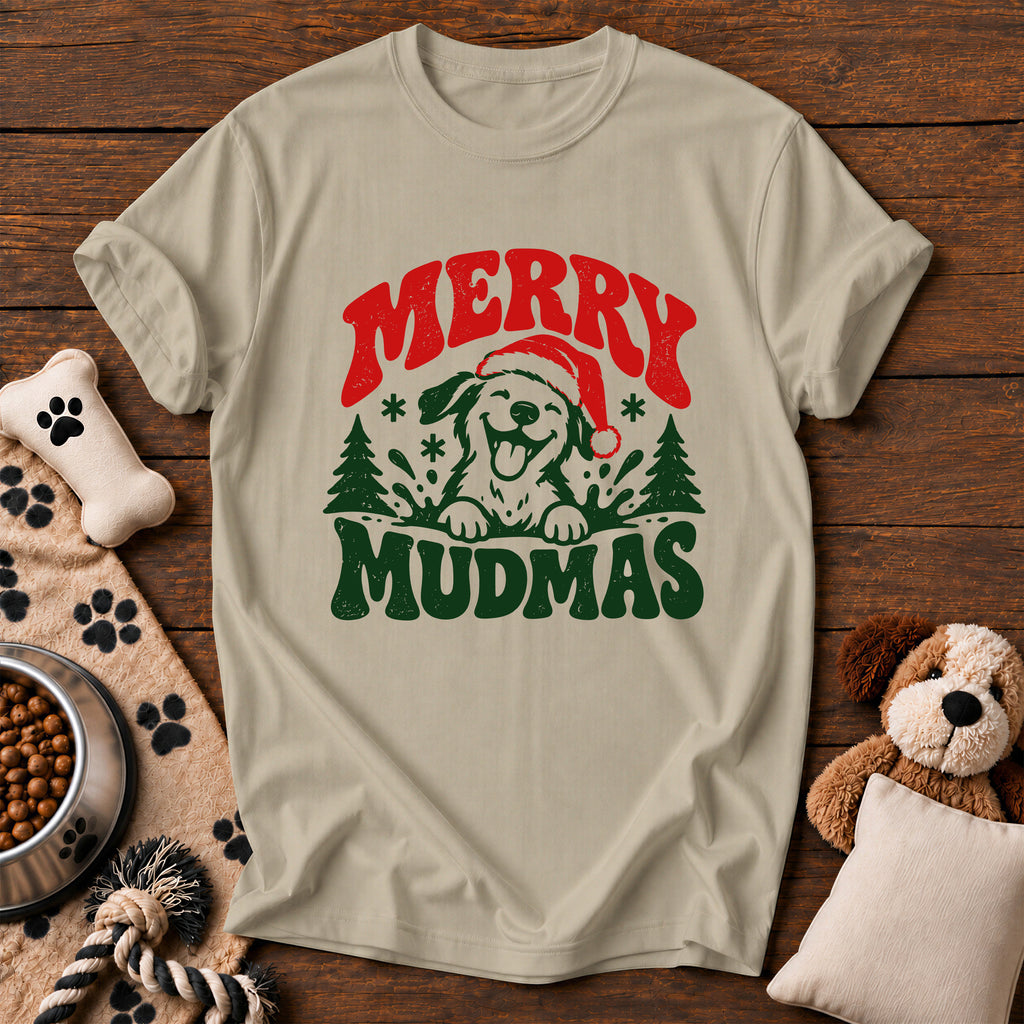 Merry Mudmas Dog Tee — funny dog t-shirt in Sandstone, Comfort Colors 1717 flat lay