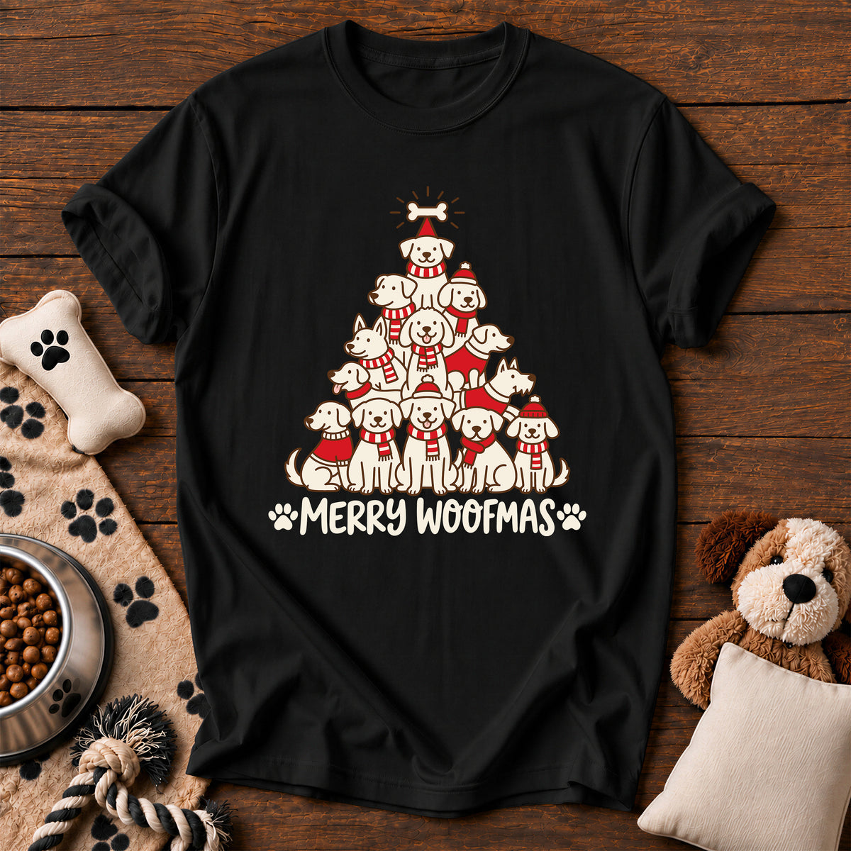 Merry Woofmas Dog Tree Tee — funny dog t-shirt in Black, Comfort Colors 1717 flat lay