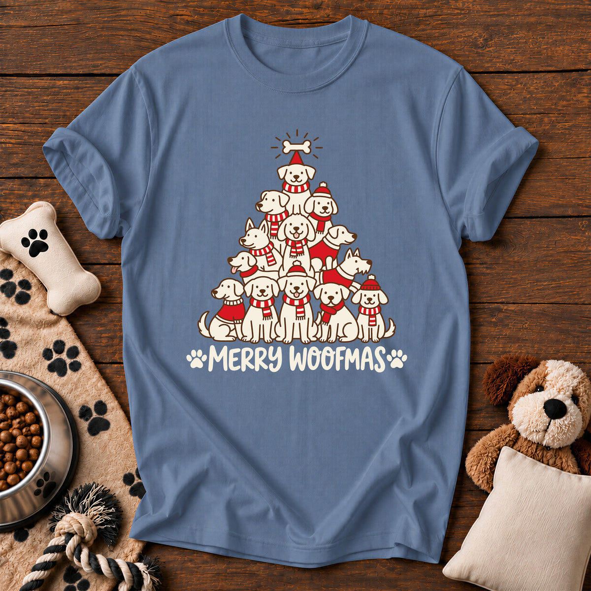 Merry Woofmas Dog Tree Tee — funny dog t-shirt in Blue Jean, Comfort Colors 1717 flat lay