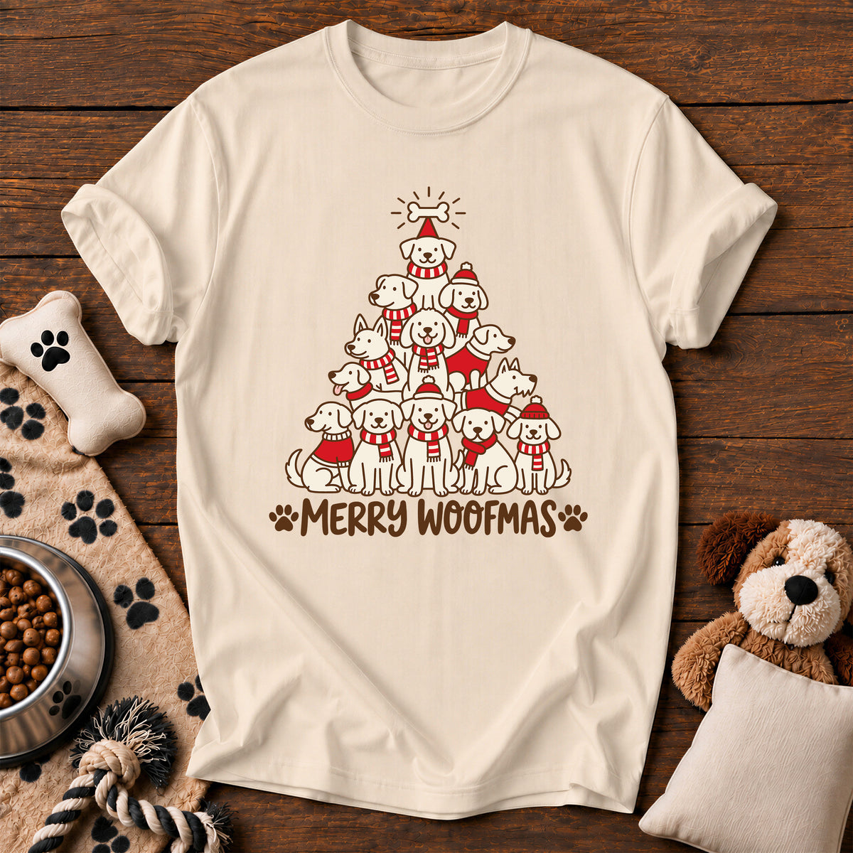 Merry Woofmas Dog Tree Tee — funny dog t-shirt in Ivory, Comfort Colors 1717 flat lay