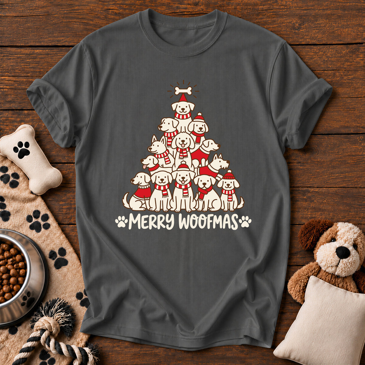 Merry Woofmas Dog Tree Tee — funny dog t-shirt in Pepper, Comfort Colors 1717 flat lay