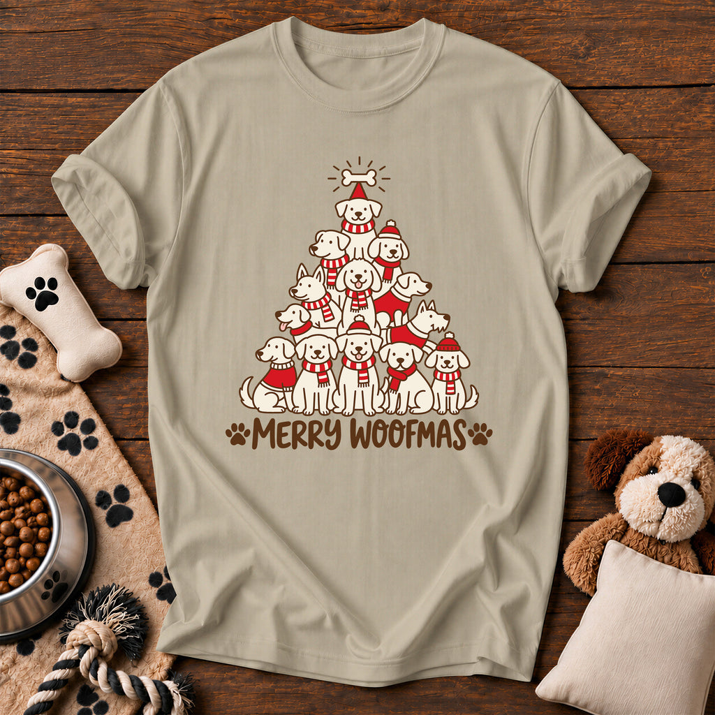 Merry Woofmas Dog Tree Tee — funny dog t-shirt in Sandstone, Comfort Colors 1717 flat lay