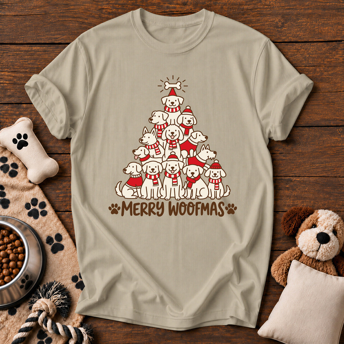 Merry Woofmas Dog Tree Tee — funny dog t-shirt in Sandstone, Comfort Colors 1717 flat lay