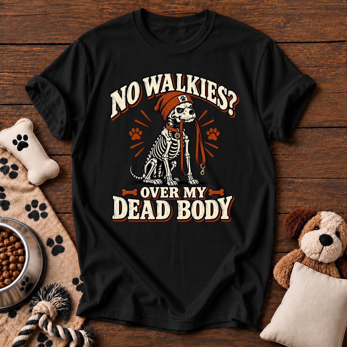 No Walkies? Skeleton Dog Tee — funny dog t-shirt in Black, Comfort Colors 1717 flat lay
