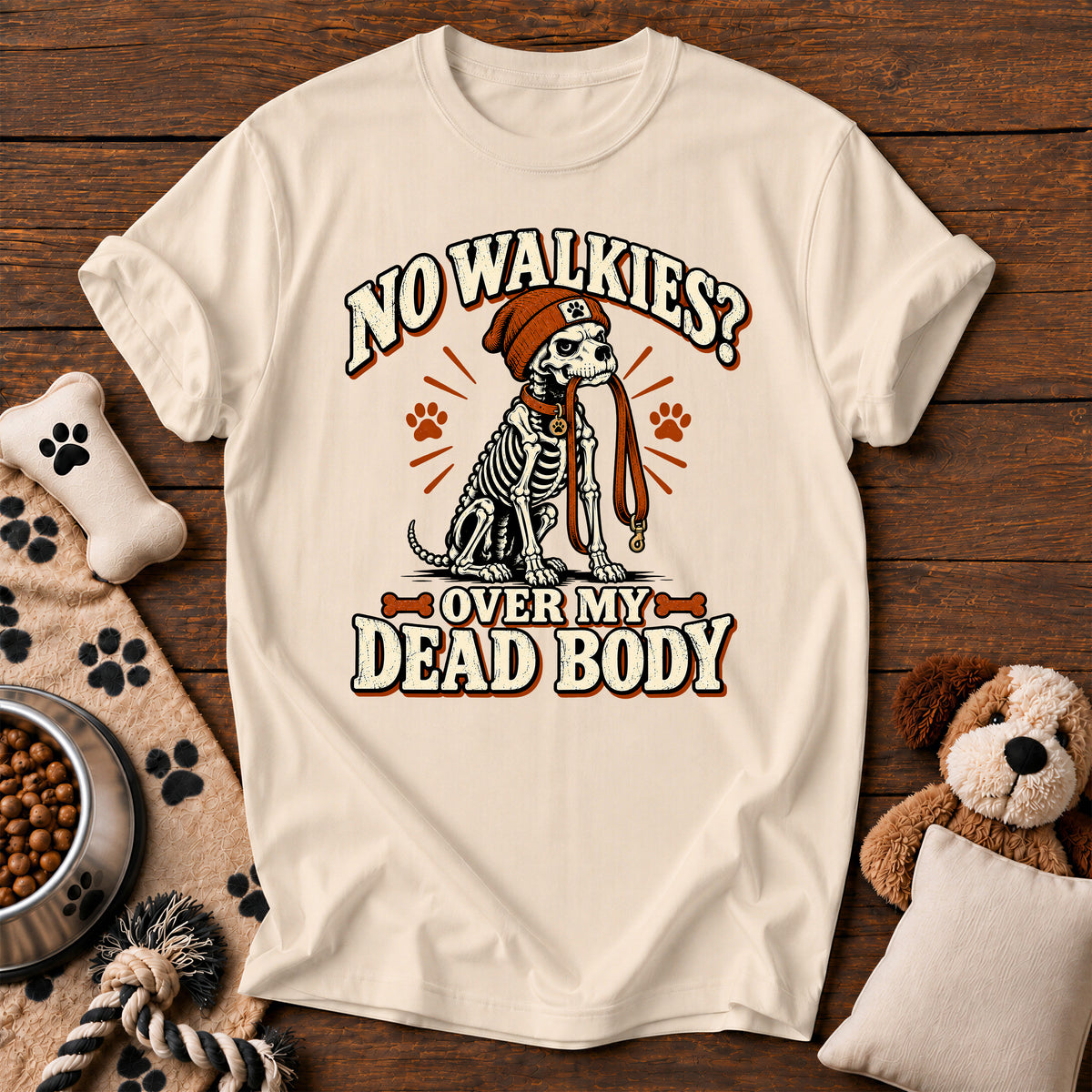 No Walkies? Skeleton Dog Tee — funny dog t-shirt in Ivory, Comfort Colors 1717 flat lay