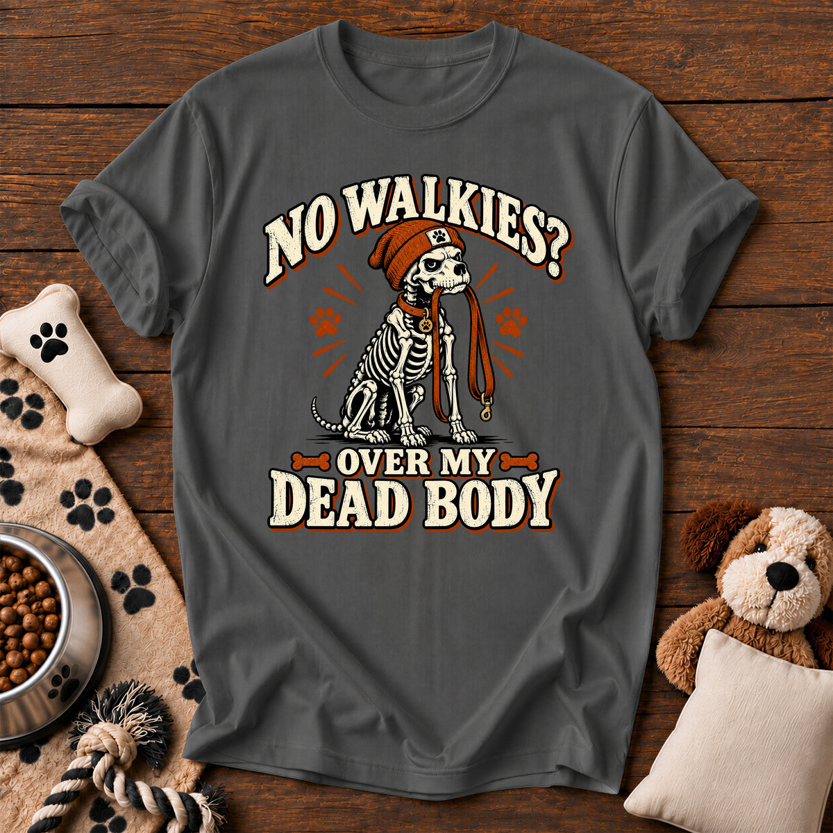 No Walkies? Skeleton Dog Tee — funny dog t-shirt in Pepper, Comfort Colors 1717 flat lay