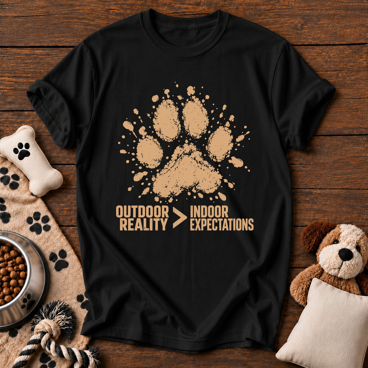 Outdoor Reality Dog Paw Tee — funny dog t-shirt in Black, Comfort Colors 1717 flat lay