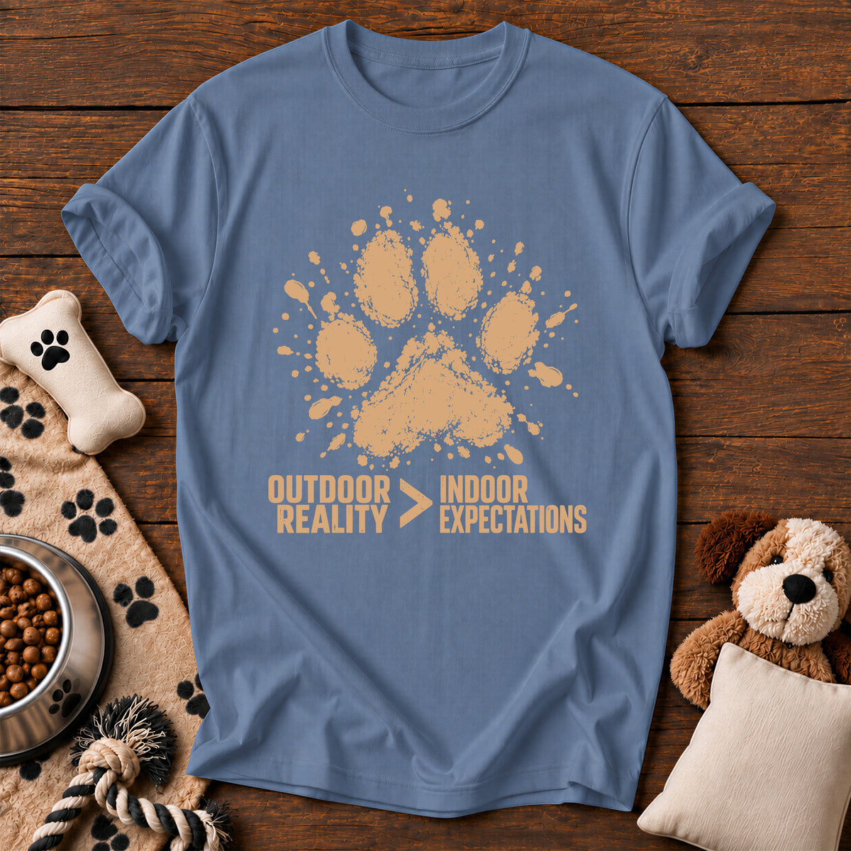 Outdoor Reality Dog Paw Tee — funny dog t-shirt in Blue Jean, Comfort Colors 1717 flat lay