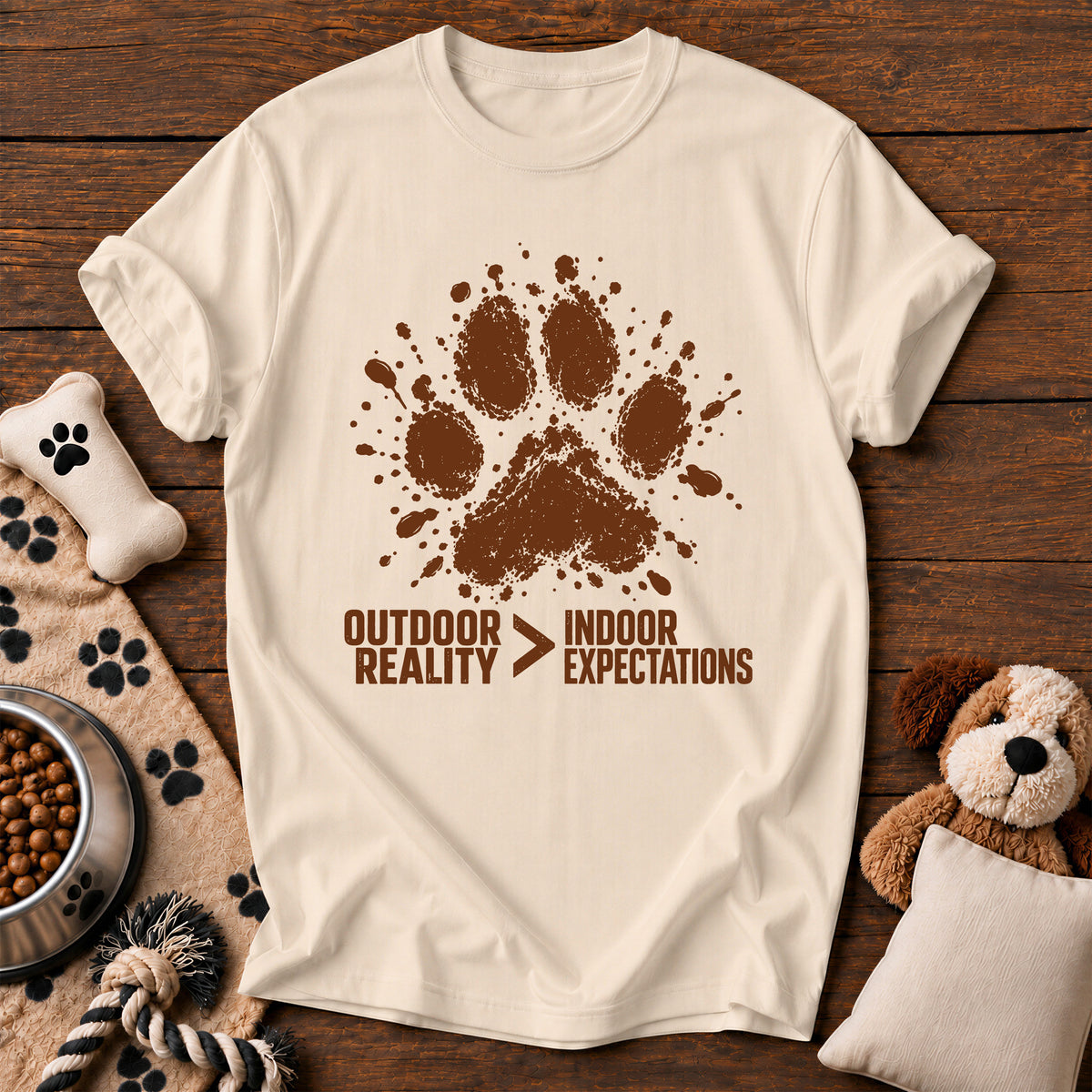 Outdoor Reality Dog Paw Tee — funny dog t-shirt in Ivory, Comfort Colors 1717 flat lay