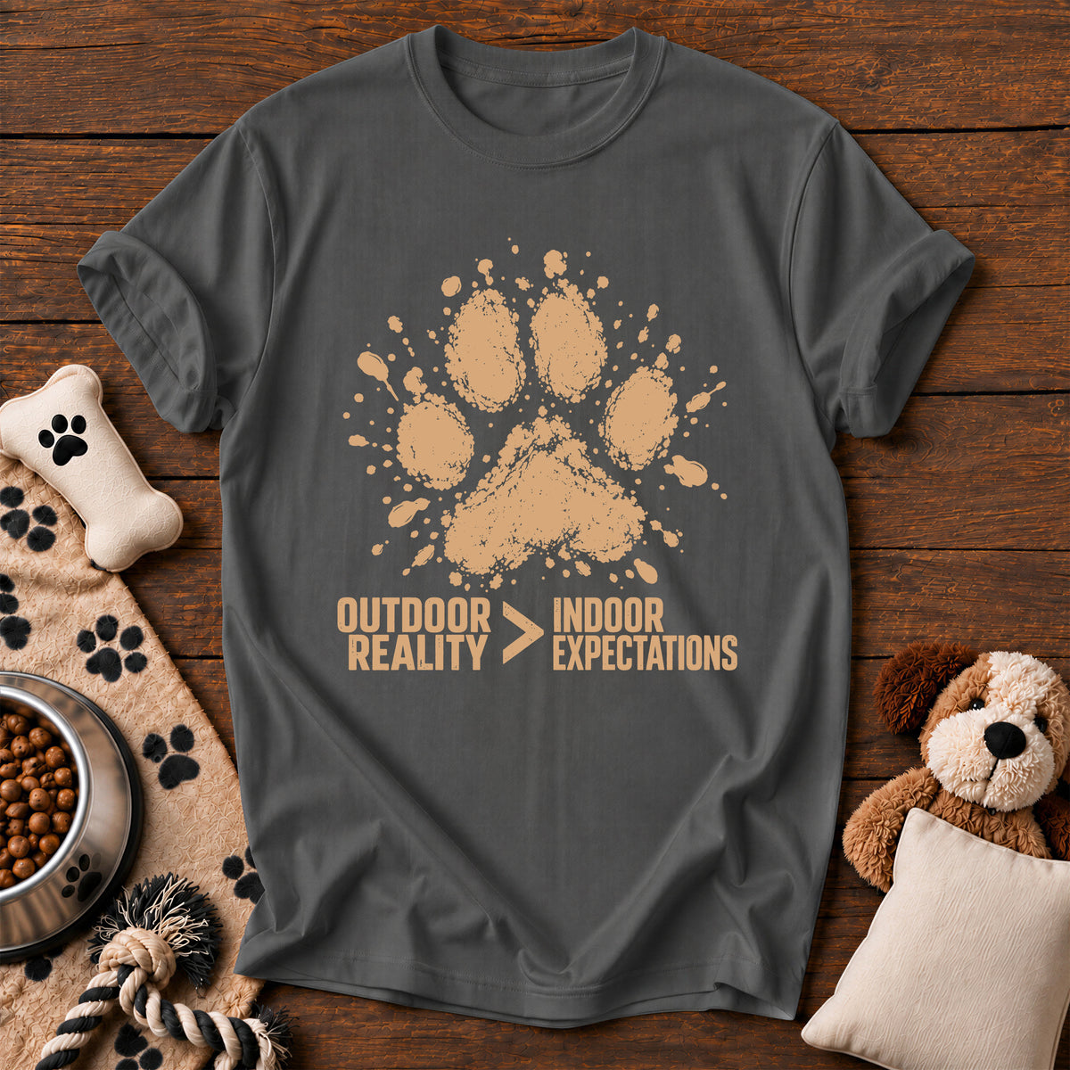 Outdoor Reality Dog Paw Tee — funny dog t-shirt in Pepper, Comfort Colors 1717 flat lay