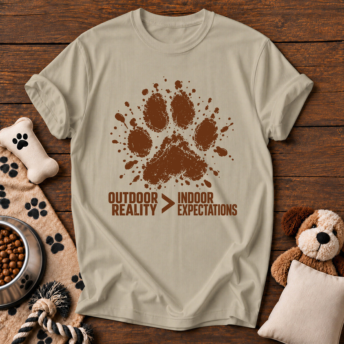 Outdoor Reality Dog Paw Tee — funny dog t-shirt in Sandstone, Comfort Colors 1717 flat lay