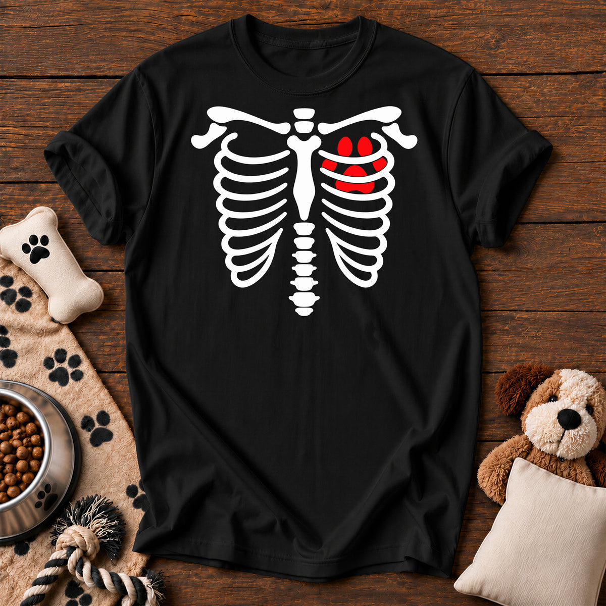 Paw Heart X-Ray Skeleton Tee — funny dog t-shirt in Black, Comfort Colors 1717 flat lay