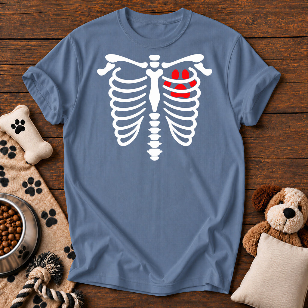 Paw Heart X-Ray Skeleton Tee — funny dog t-shirt in Blue Jean, Comfort Colors 1717 flat lay