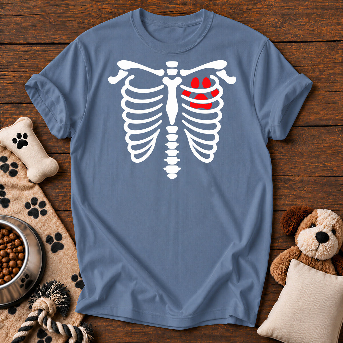 Paw Heart X-Ray Skeleton Tee — funny dog t-shirt in Blue Jean, Comfort Colors 1717 flat lay