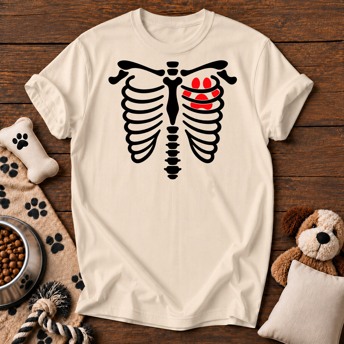 Paw Heart X-Ray Skeleton Tee — funny dog t-shirt in Ivory, Comfort Colors 1717 flat lay