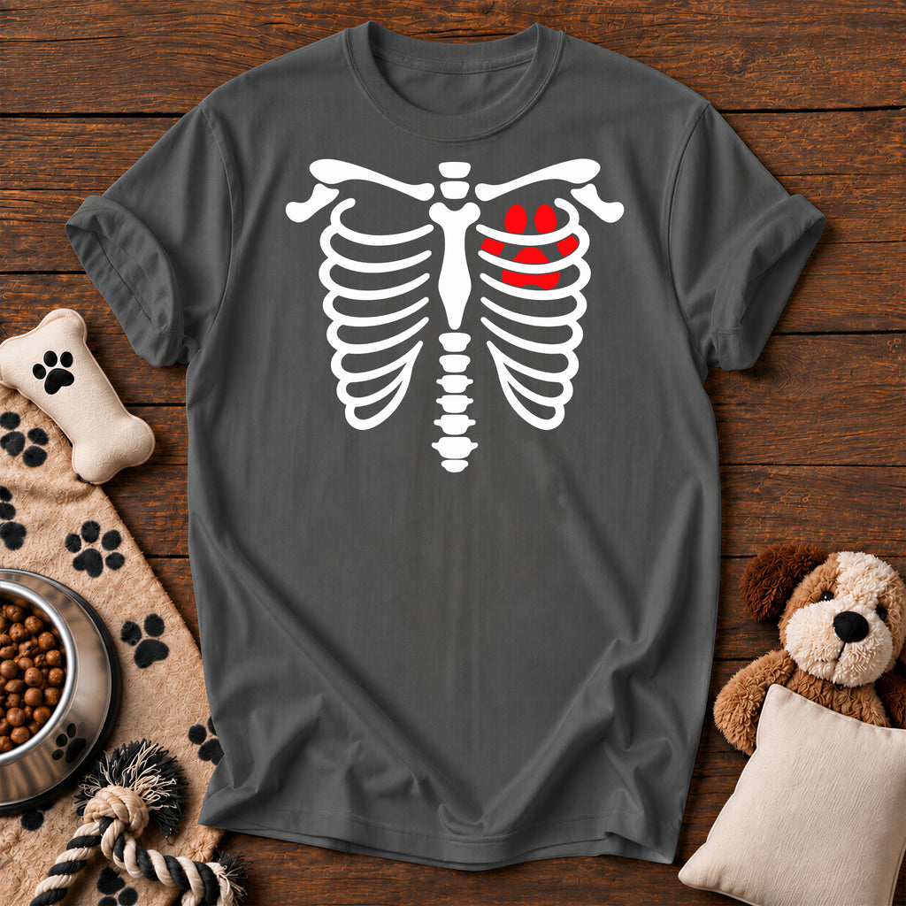 Paw Heart X-Ray Skeleton Tee — funny dog t-shirt in Pepper, Comfort Colors 1717 flat lay