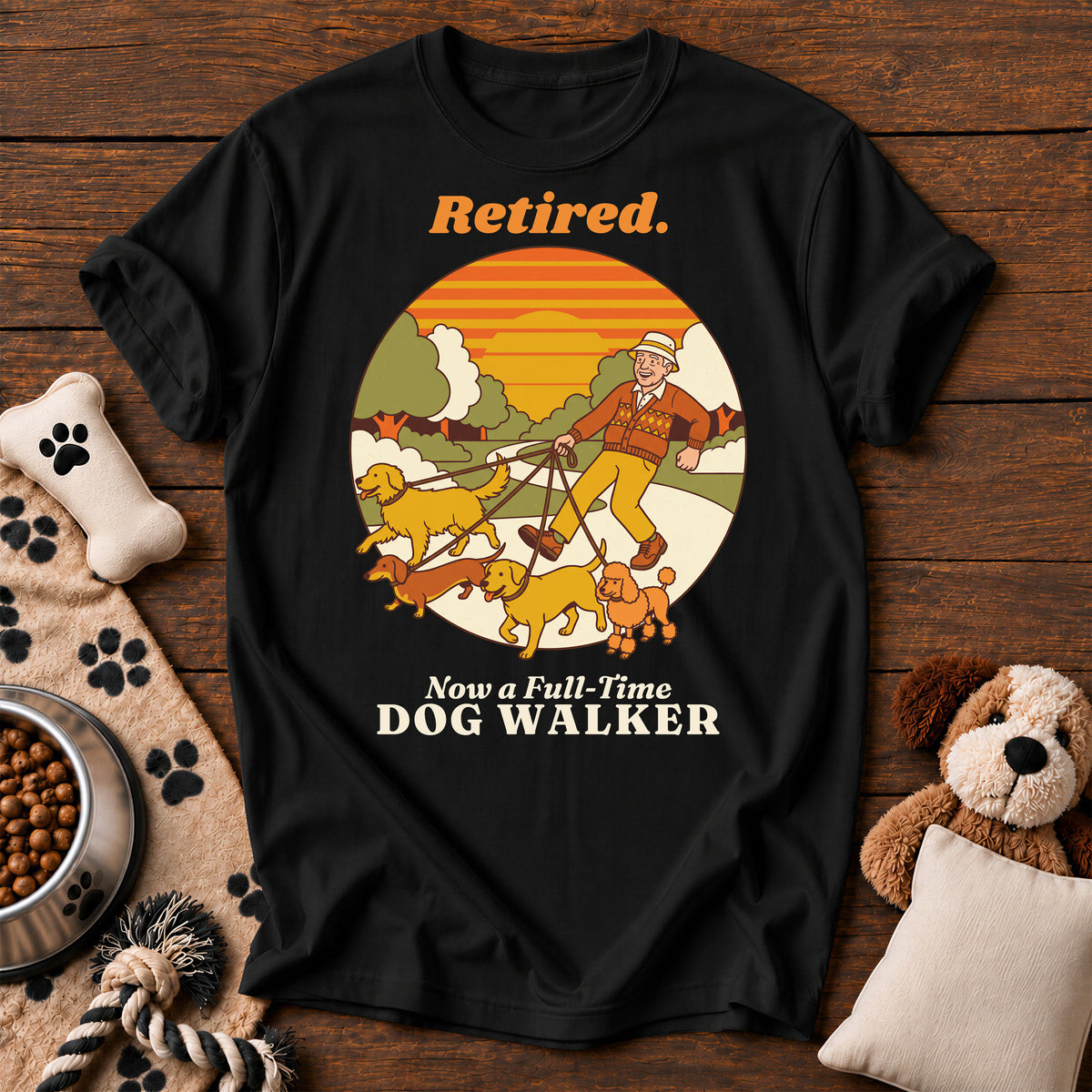 Retired Dog Walker Tee — funny dog t-shirt in Black, Comfort Colors 1717 flat lay