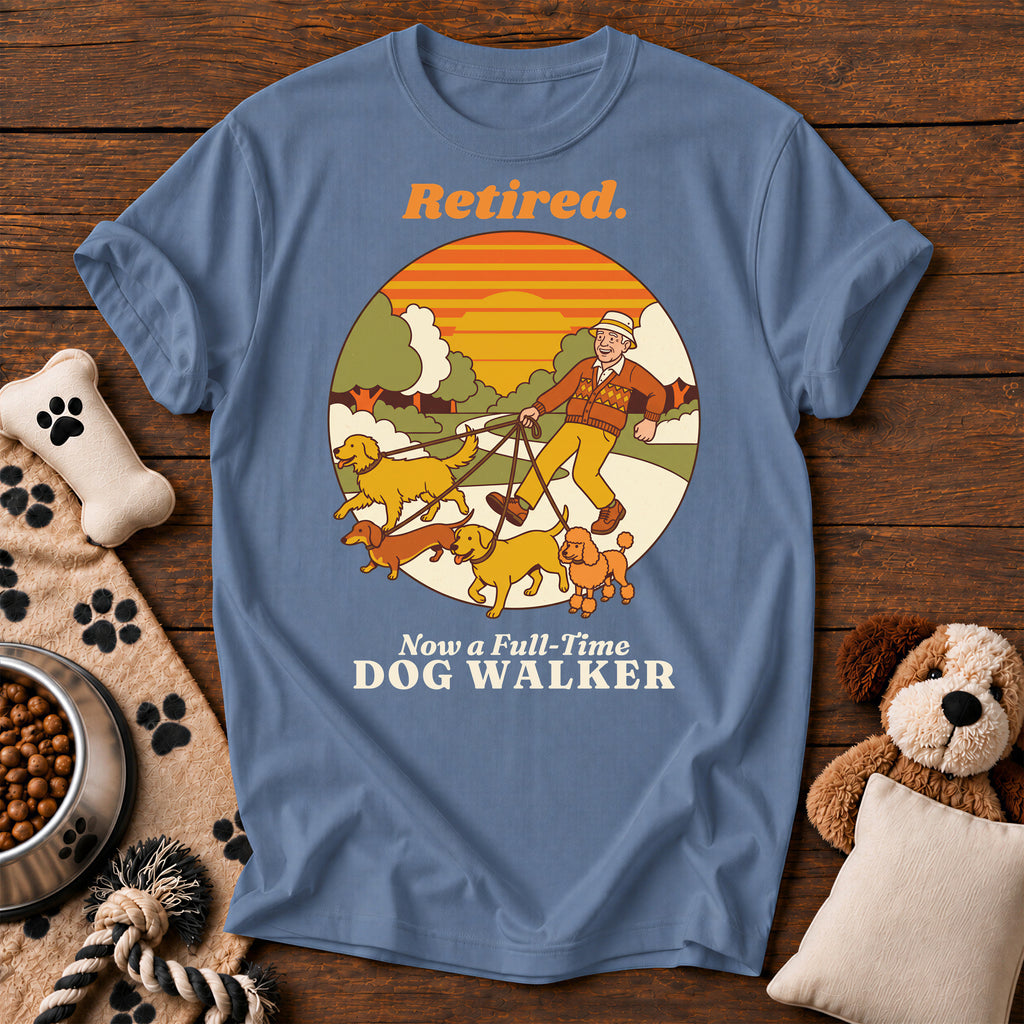 Retired Dog Walker Tee — funny dog t-shirt in Blue Jean, Comfort Colors 1717 flat lay