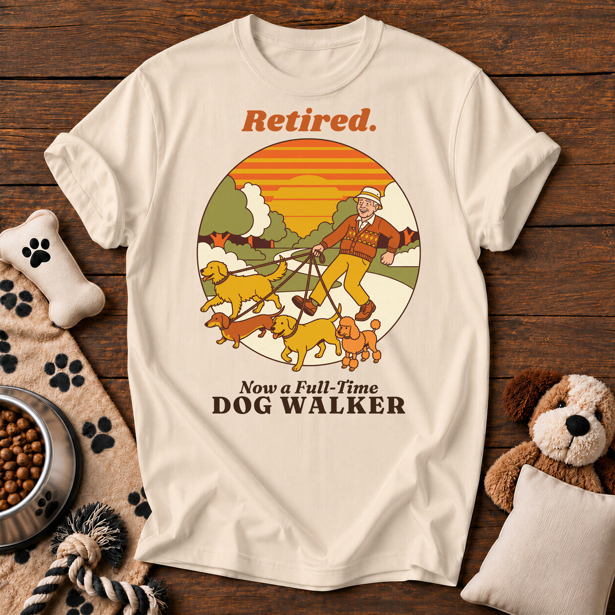 Retired Dog Walker Tee — funny dog t-shirt in Ivory, Comfort Colors 1717 flat lay