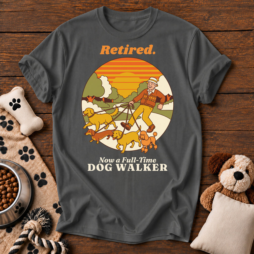 Retired Dog Walker Tee — funny dog t-shirt in Pepper, Comfort Colors 1717 flat lay