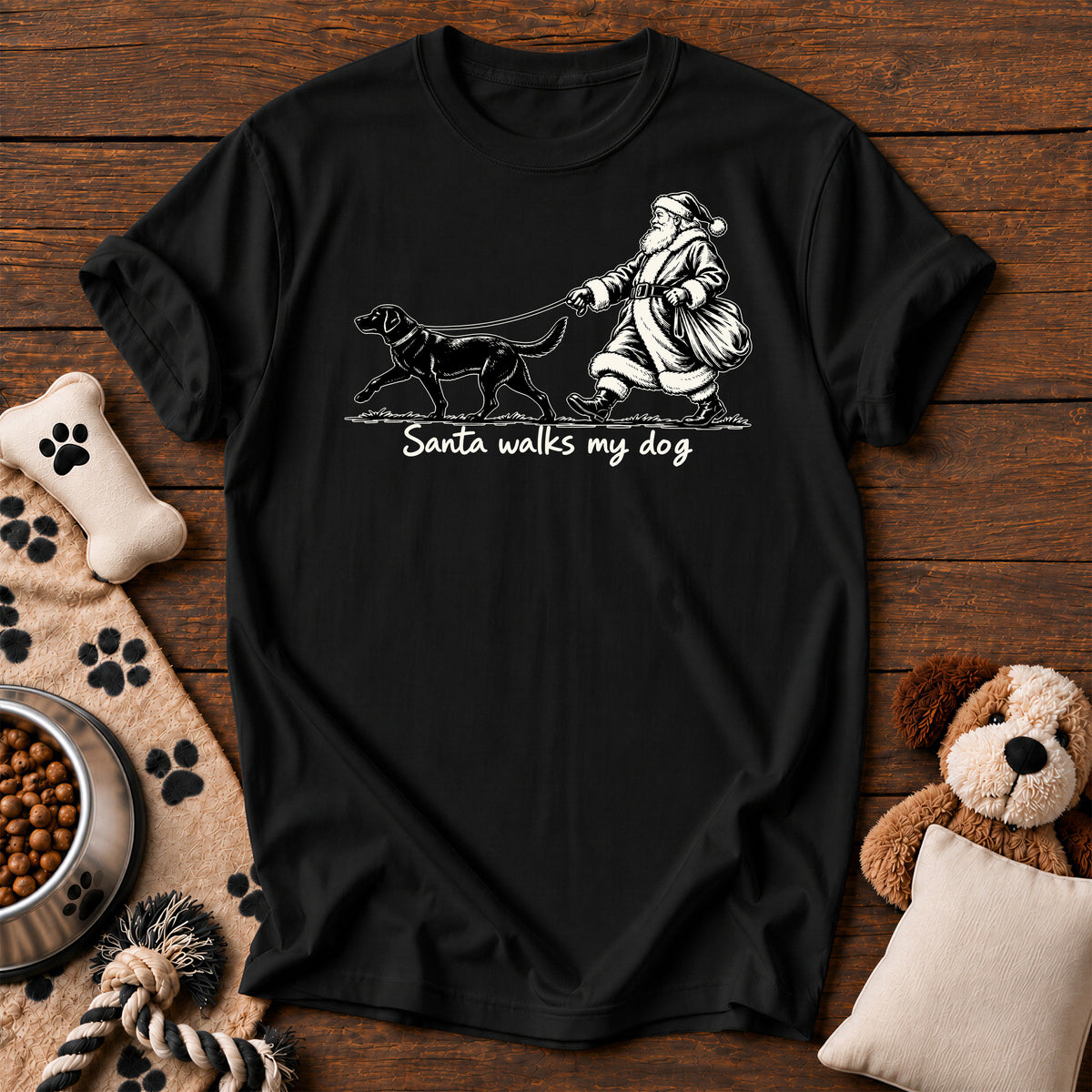 Santa Walks My Dog Christmas Tee — funny dog t-shirt in Black, Comfort Colors 1717 flat lay