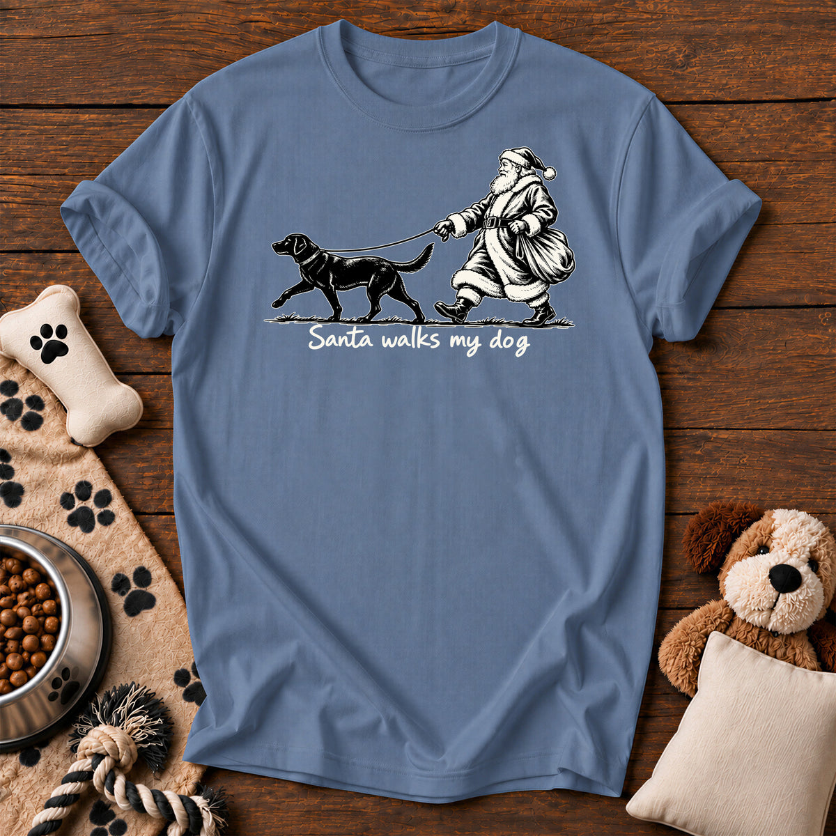 Santa Walks My Dog Christmas Tee — funny dog t-shirt in Blue Jean, Comfort Colors 1717 flat lay