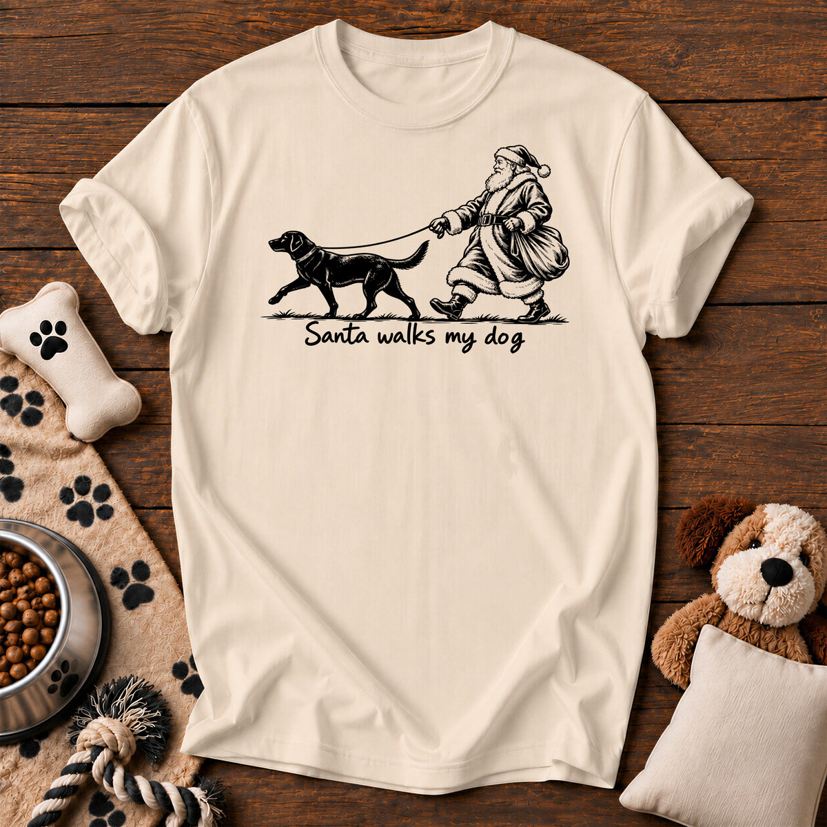 Santa Walks My Dog Christmas Tee — funny dog t-shirt in Ivory, Comfort Colors 1717 flat lay