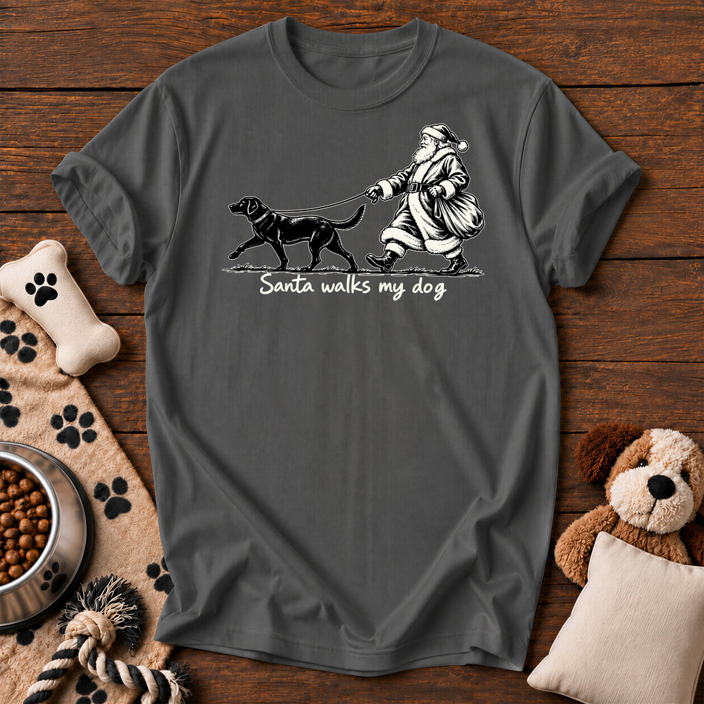 Santa Walks My Dog Christmas Tee — funny dog t-shirt in Pepper, Comfort Colors 1717 flat lay