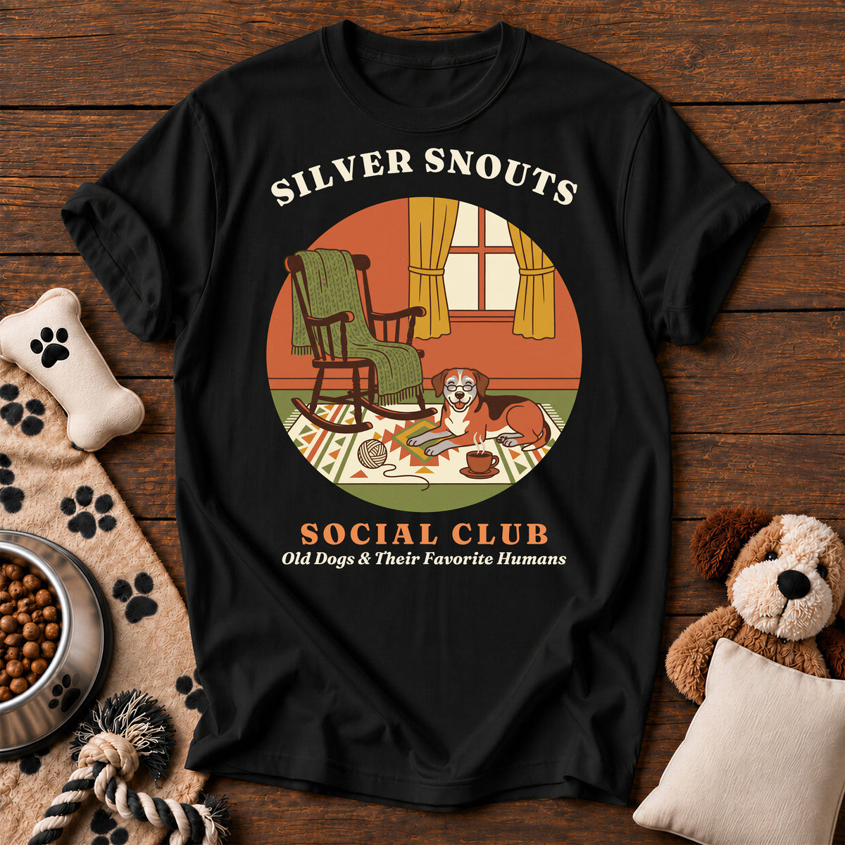 Silver Snouts Social Club Dog Tee — funny dog t-shirt in Black, Comfort Colors 1717 flat lay