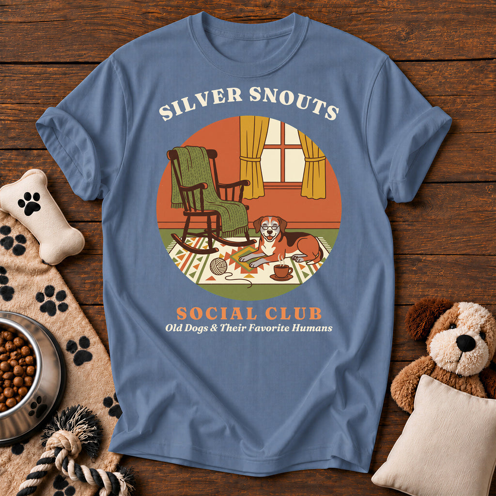 Silver Snouts Social Club Dog Tee — funny dog t-shirt in Blue Jean, Comfort Colors 1717 flat lay