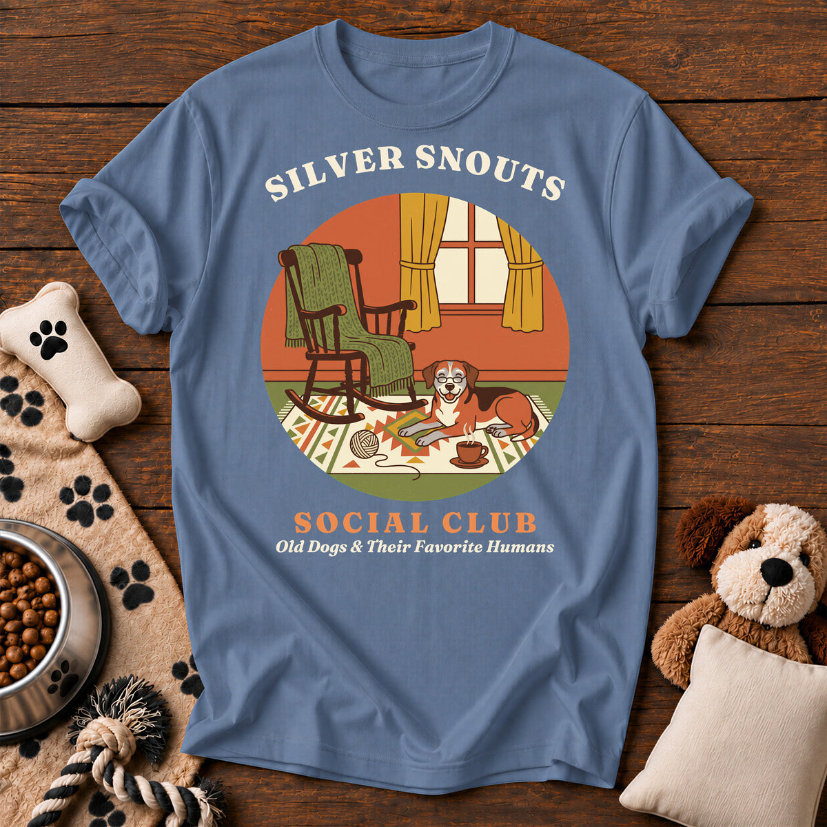 Silver Snouts Social Club Dog Tee — funny dog t-shirt in Blue Jean, Comfort Colors 1717 flat lay