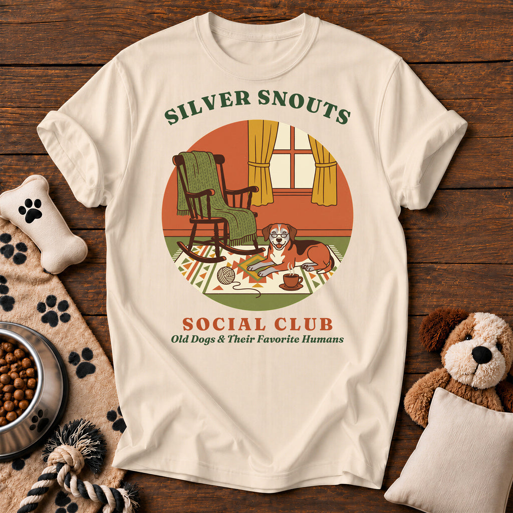 Silver Snouts Social Club Dog Tee — funny dog t-shirt in Ivory, Comfort Colors 1717 flat lay