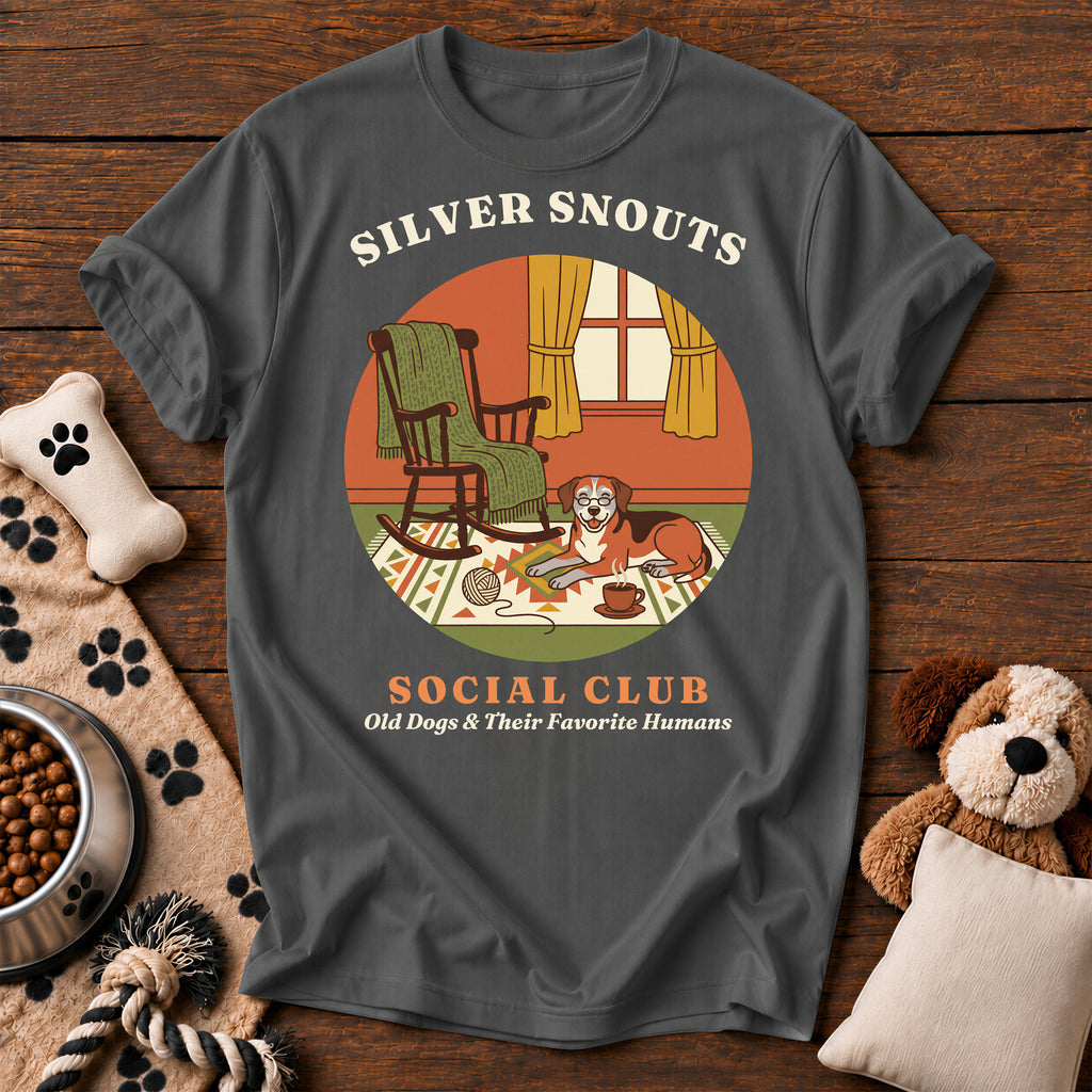 Silver Snouts Social Club Dog Tee — funny dog t-shirt in Pepper, Comfort Colors 1717 flat lay