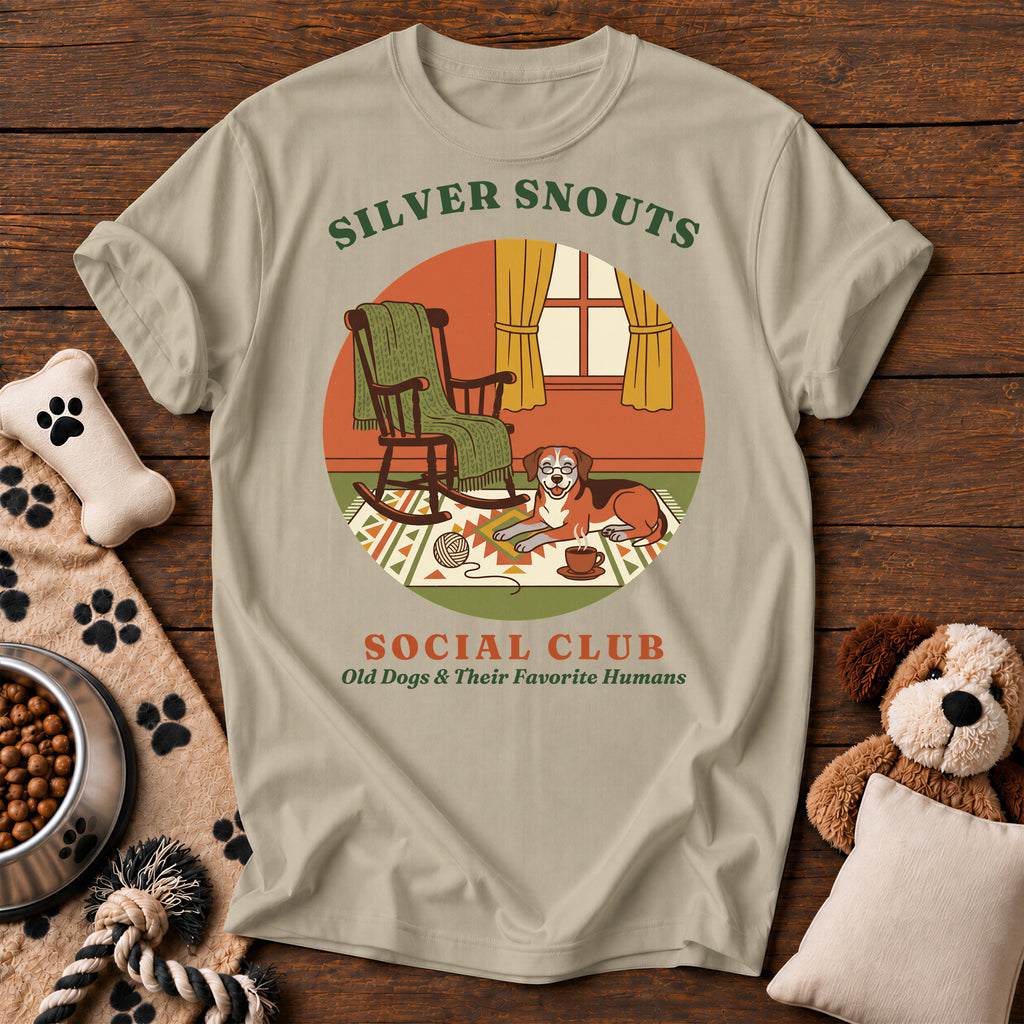 Silver Snouts Social Club Dog Tee — funny dog t-shirt in Sandstone, Comfort Colors 1717 flat lay