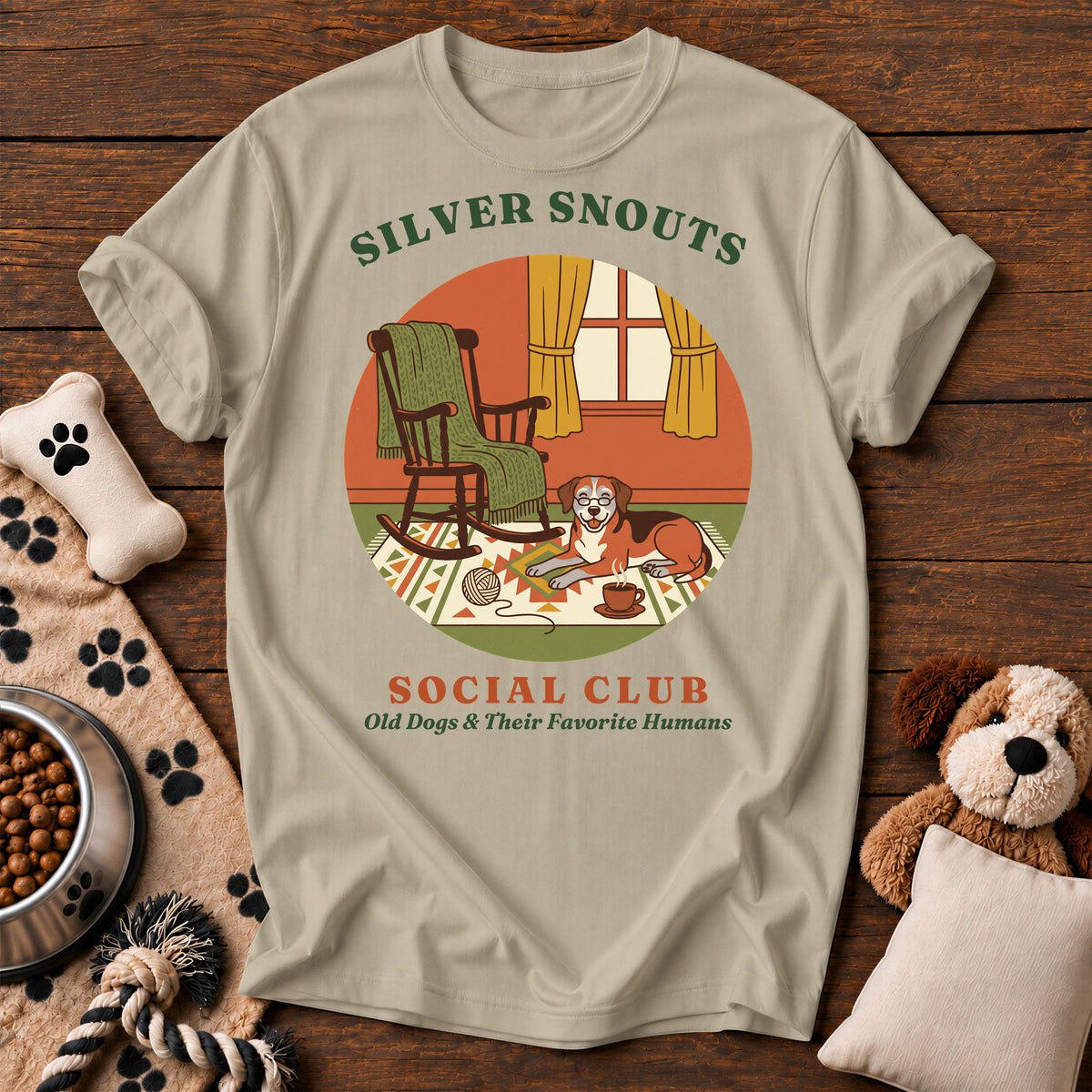 Silver Snouts Social Club Dog Tee — funny dog t-shirt in Sandstone, Comfort Colors 1717 flat lay