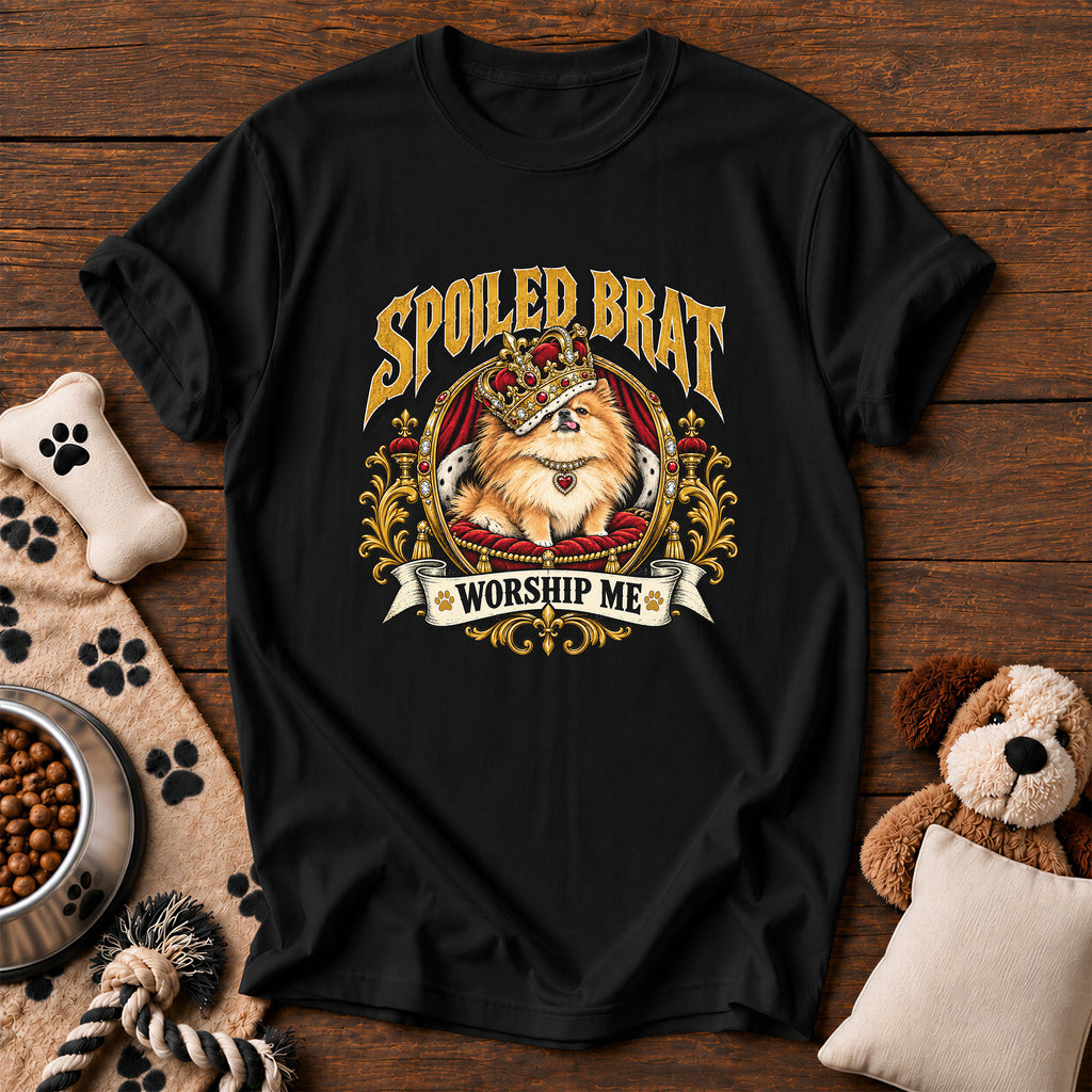 Pomeranian Spoiled Brat Tee — funny dog t-shirt in Black, Comfort Colors 1717 flat lay