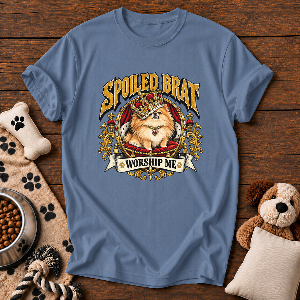 Pomeranian Spoiled Brat Tee — funny dog t-shirt in Blue Jean, Comfort Colors 1717 flat lay